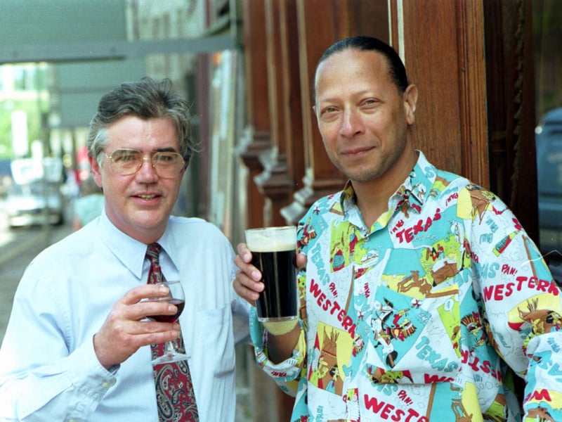 Brian Dishington, landlord of the Iron Duke pub, Edinburgh, with the stage, musical and recording artist Peter Straker in June 1992