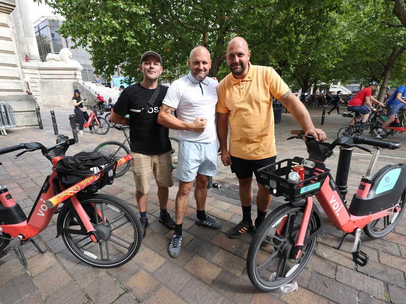 Drum and Bass on the Bike around Portsmouth, starting in Guildhall Square.

Pictured:  (L-R) Dean Pook, Wez Young and Brad Young

Picture: Sam Stephenson.