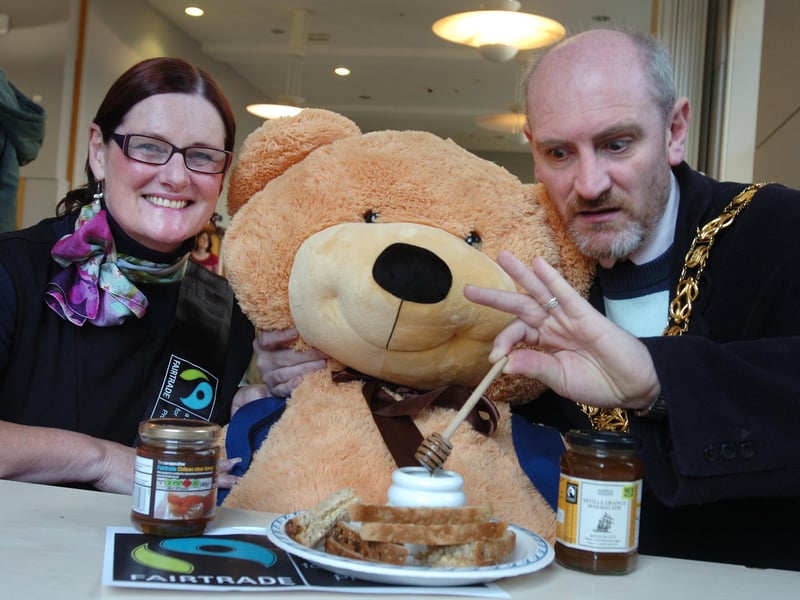 The third Sunderland City Fairtrade Fair at the Museum and Winter Gardens was held in 2012. Festival organiser Yvonne Ewington and the Mayor of Sunderland Cllr Iain Kay were joined by one of the Teddy Bears from a museum exhibition.