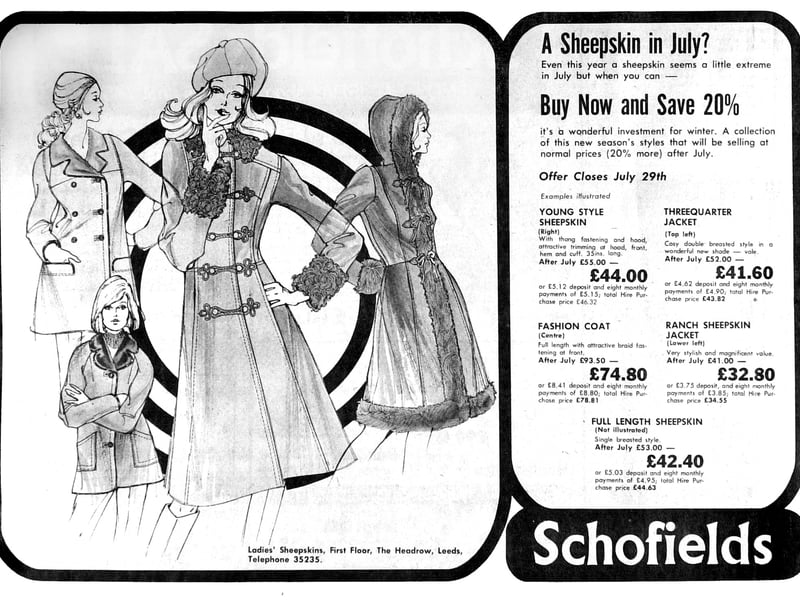 A sheepskin in July? 'Buy now and save 20%' An advert for Schofields in 1972.