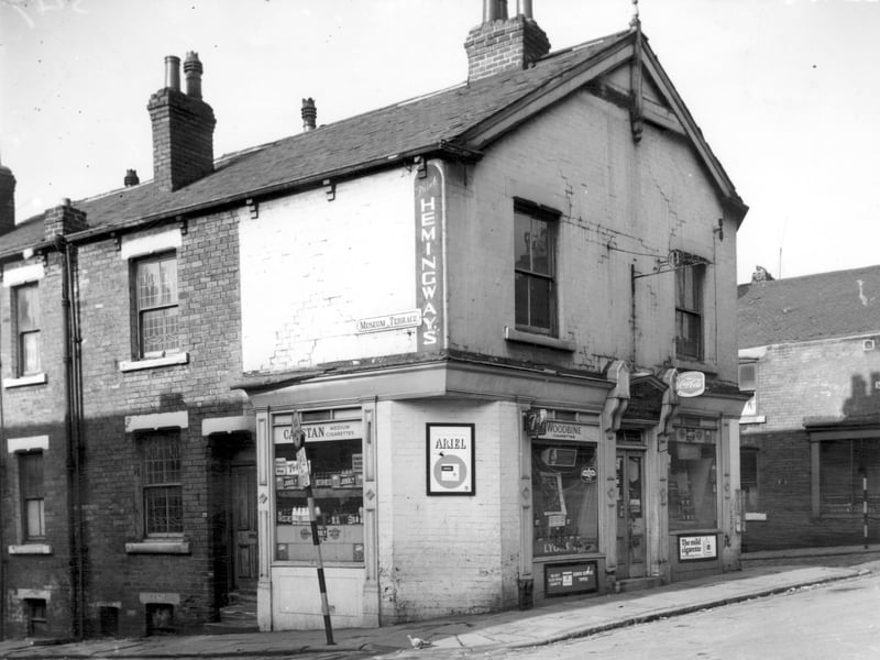 Museum Terrace and Shakespeare Street pi tured in March 1965. On the left of this image is number 29 Museum Terrace this went through to Museum Street and was the living quarters for the owners of the off-licence which fronted onto Shakespeare Street. The shop had an address of number 19 Shakespeare Street, and was a store run by C. Twigg.