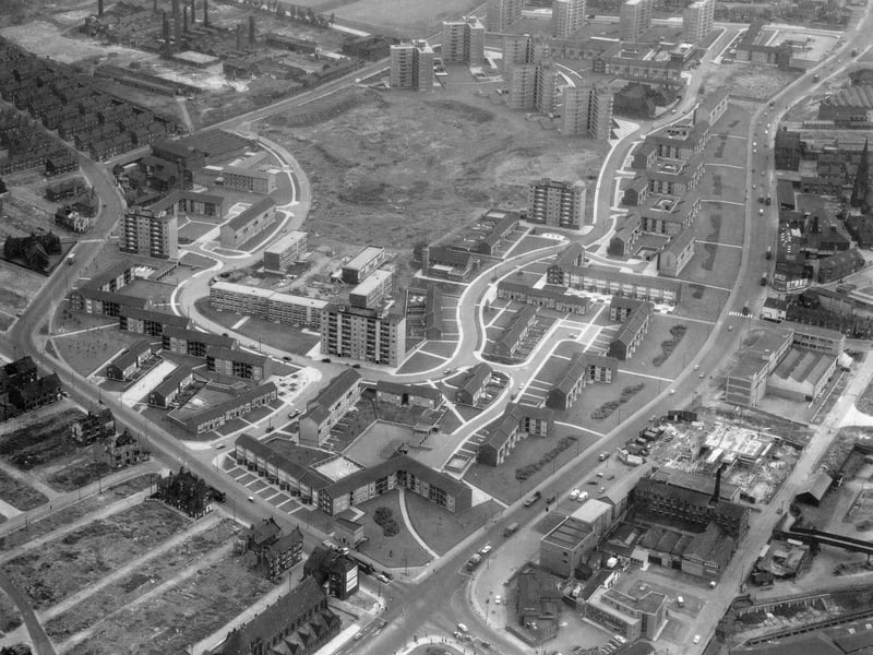 An aerial view showing New York Road in the foreground becoming York Road at the Woodpecker junction. Pictured in 1963.