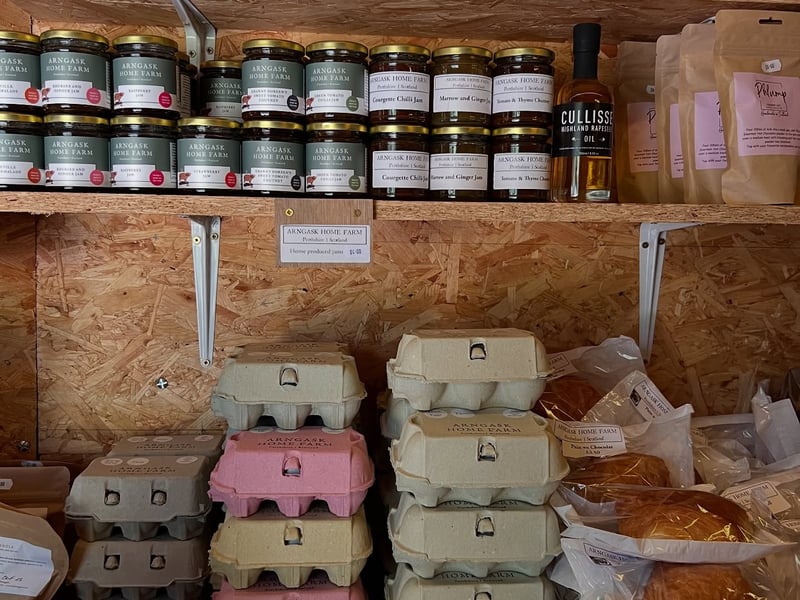 Part of this Perthshire farm, the honesty house box is stocked full of cake, bread, pastries, fresh flowers, eggs, crisps, coffee and jams.