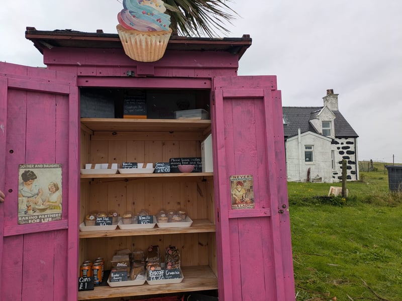 Located in Vatersay village, this bright pink honesty box has freshly made cakes and bakes and is stocked daily.