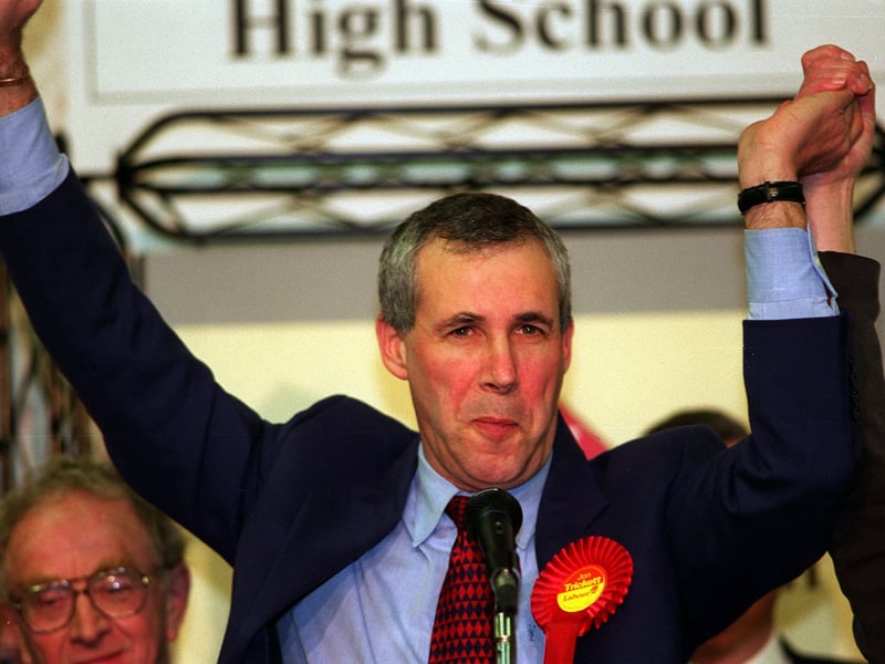 Jon Trickett celebrates being elected Labour MP for Hemsworth in February 1996.