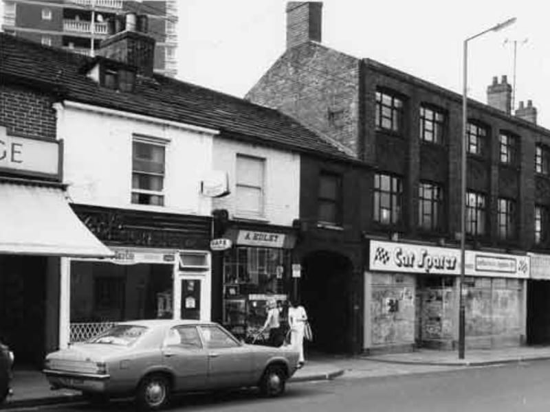Cafe Continental (left) on London Road, Sheffield, in April 1975, with other businesses including A.Edley, watch repairer, Car Spares (Sheffield) Enthusiast Supplies, motor accessories store