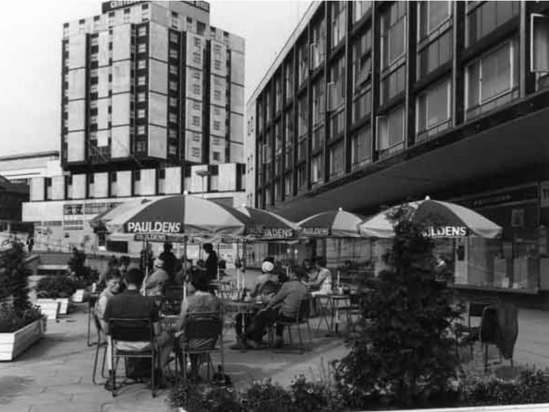 The cafe area outside Pauldens department store, on Charter Square, Sheffield, sometime during the 60s or 70s, with the Grosvenor House Hotel in the background