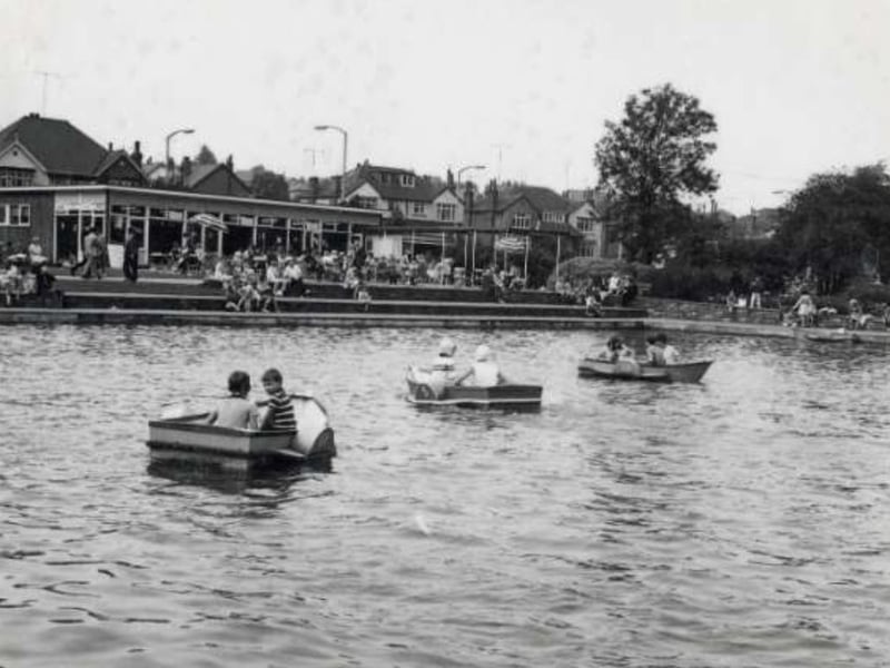 The cafe at Millhouses Park, Sheffield, in 1966, with the boating lake in the foreground