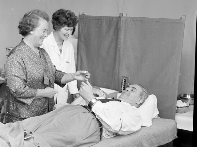 Blood Donors badge presented to civil service worker Mr James Lister at the Blood Transfusion Unit in 1965.