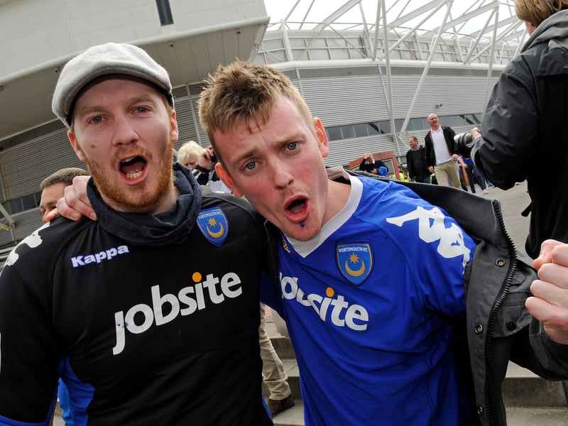 Pompey fans celebrating the last minute draw against Southampton.