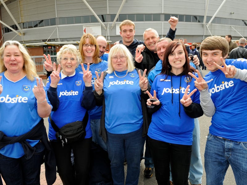 Pompey fans celebrating the dramatic draw at S Mary's on April 7, 2012.
