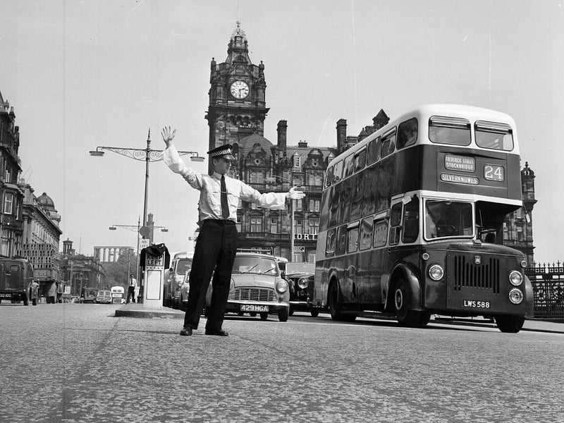 A policeman in shirt sleeves on duty in Princes Street Edinburgh in the summer of 1965.