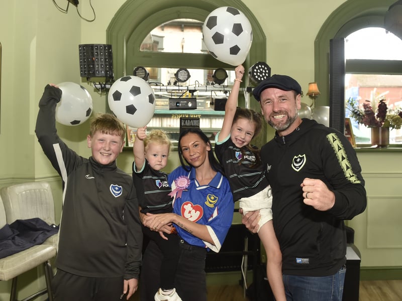 Portsmouth FC fans watching the South-Coast Derby match between Southampton FC v Portsmouth FC at The Kings Pub in Albert Road, Southsea, on Sunday, September 14, 2025. 

Pictured is: (middle) Sophie Banks celebrated her 27th birthday with her family (l-r) Perry (11), Lyla (2), Daisy (6) and Ashley (40).

Picture: Sarah Standing (140925-9349)