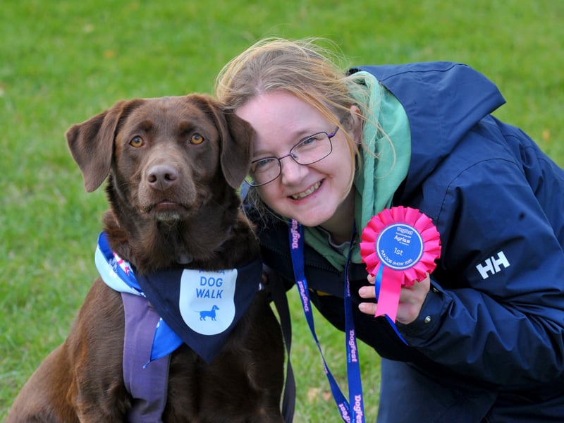 Samantha Sutton of Otley with Chocolate Lab Rolo who won Loveliest Lady in the fun dog judging