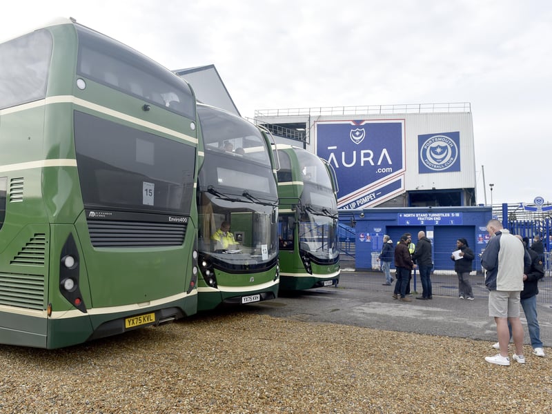The buses that greeted the Pompey fans on their arrival at Fratton Park on Sunday morning