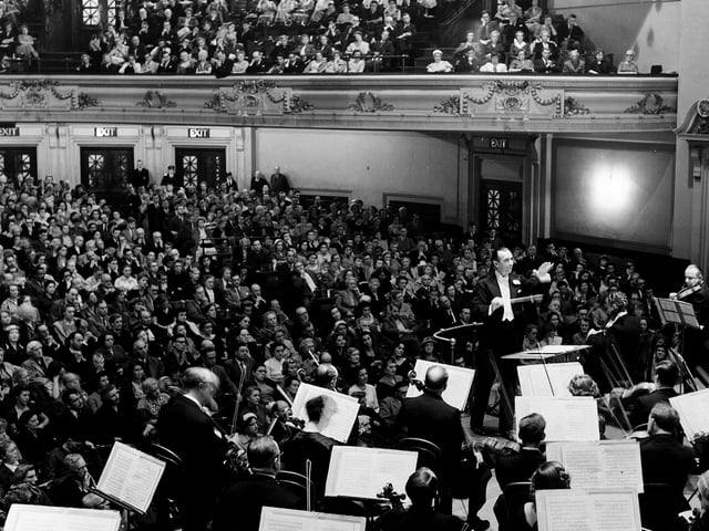 The BBC Symphony Orchestra in the Usher Hall conducted by Sir Malcolm Sargent during the 1955 Edinburgh Festival.