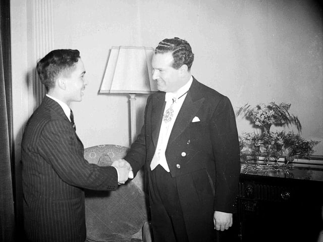 King Hussein of Jordan in Edinburgh, shaking hands with Lord Provost Miller, at the Caledonian Hotel in May 1955.