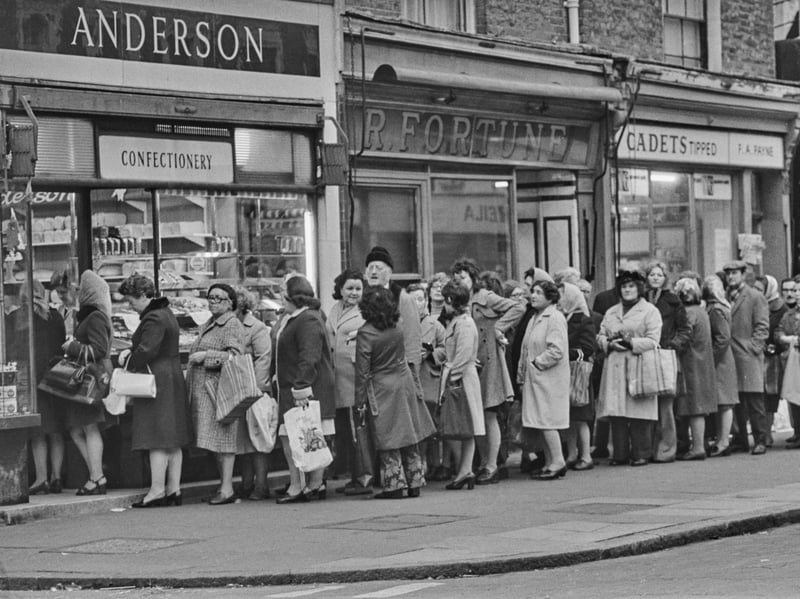 Britons famously need no excuse to queue. It has even been described as a national pastime. People are pictured here queuing patiently for their daily loaf during a strike by bakery workers in December 1974.