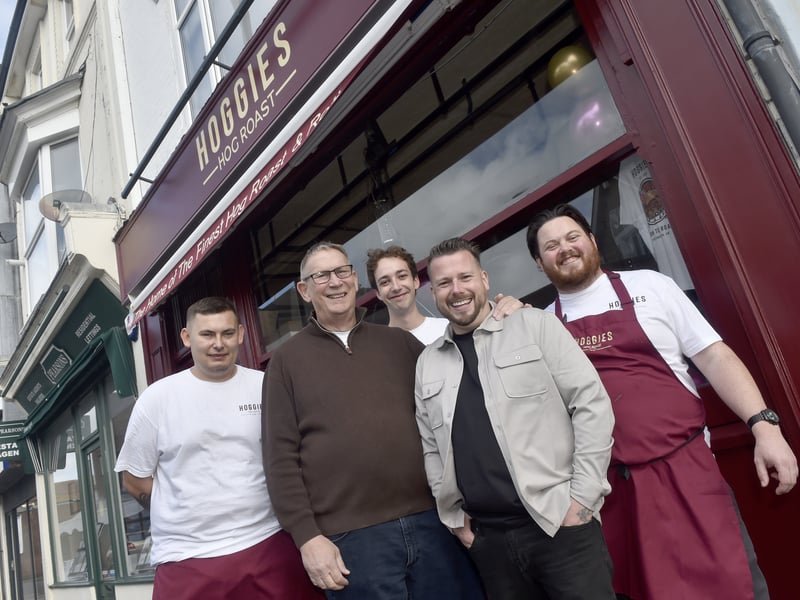 Hoggies Hog Roast has opened in Marmion Road, Southsea, in September and the team are already planning on launching a second site in the new year. 

Pictured is: (l-r) Joe Yates, barista and front of house, Alan Knight, Sebastian Longman, chef, Lewis Filer, co-owner and Simon Hartnett, head chef and owner.


Picture: Sarah Standing (150925-9411)