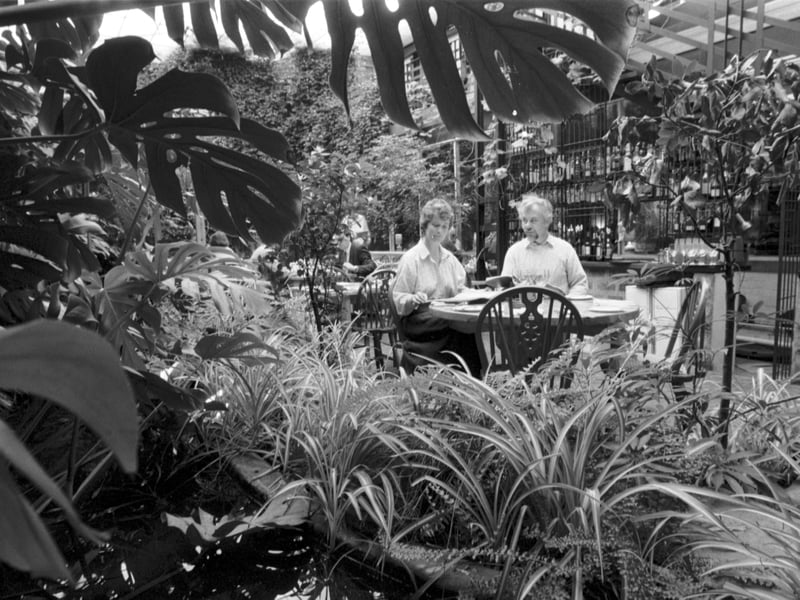 A couple eating in the Green Conservatory of The Ubiquitous Chip restaurant in Glasgow, May 1988.