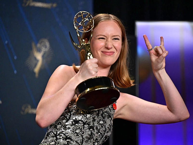 US actress Hannah Einbinder poses in the press room with award Outstanding Supporting Actress in a Comedy Series for "Hacks" during the 77th Primetime Emmy Awards.