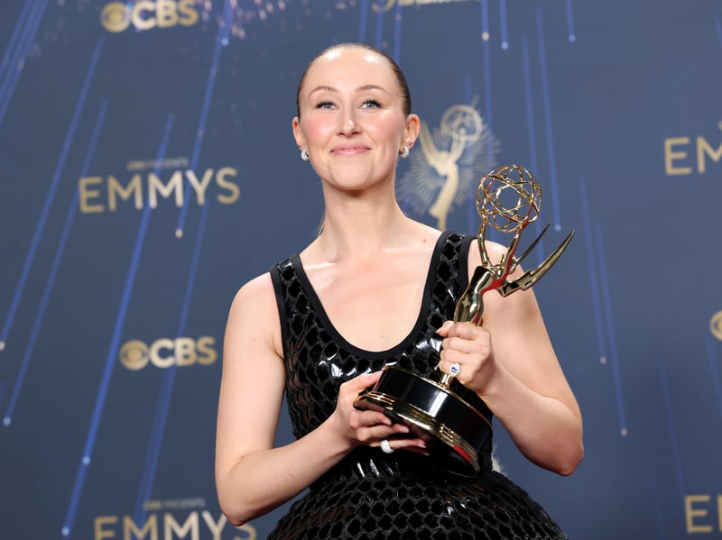 Erin Doherty, winner of Outstanding Supporting Actress in a Limited or Anthology Series or Movie for "Adolescence," poses in the press room during the 77th Primetime Emmy Awards.