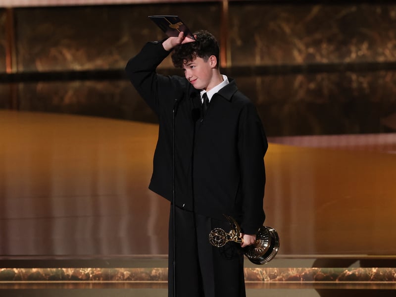 British actor Owen Cooper accepts the Outstanding Supporting Actor in a Limited or Anthology Series or Movie for "Adolescence" during the 77th Primetime Emmy Awards.