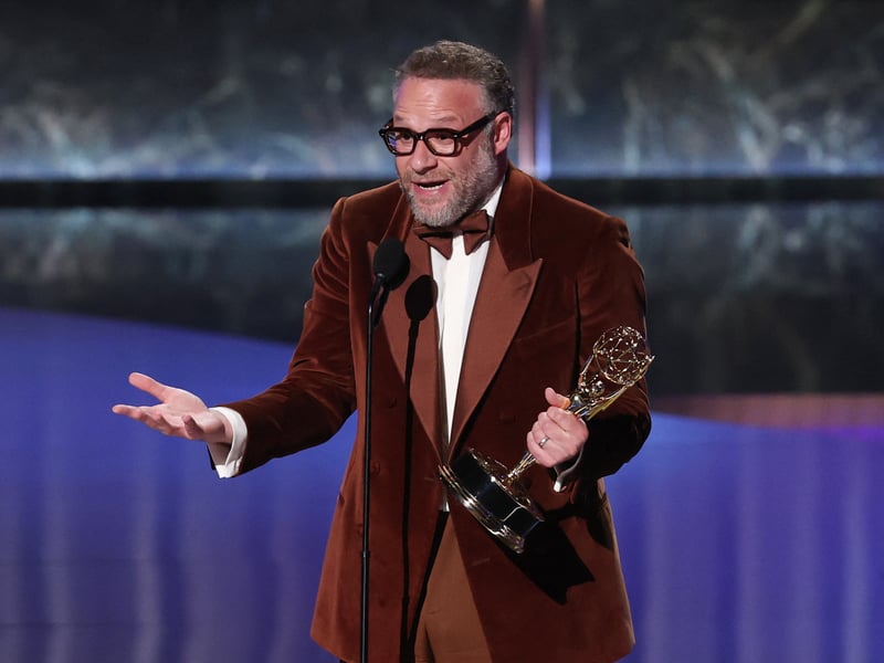 Canadian-US actor Seth Rogen holds the Outstanding Lead Actor in a Comedy Series award for "The Studio" onstage during the 77th Primetime Emmy Awards.
