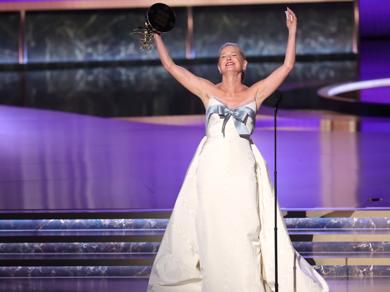 Katherine LaNasa accepts the Outstanding Supporting Actress in a Drama Series award for "The Pitt" onstage during the 77th Primetime Emmy Awards.