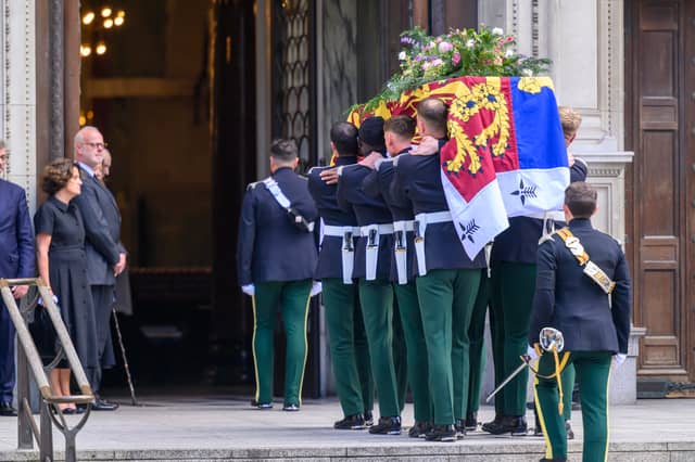 Members of the royal family (left to right) the Countess of St Andrews and the Earl of St Andrews stand together as the coffin of the Duchess of Kent arrives at Westminster Cathedral in central London, ahead of her funeral