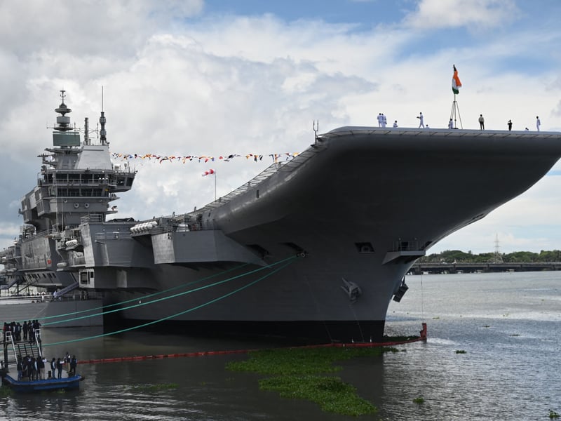 The aircraft carrier is the largest in the Indian Navy. Commissioned in 2022, she is weighs 45,000 tonnes when fully loaded and is 262.5m long.