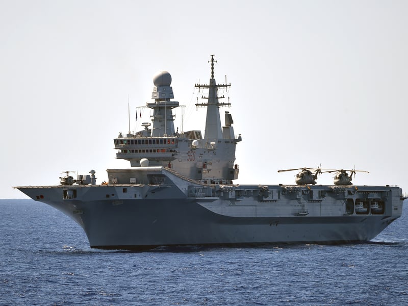 The Italian aircraft carrier, launched in 2004, is 244m long and weighs 30,000 tonnes when fully loaded. She recently conducted an exercise with HMS Prince of Wales during Operation Highmast.