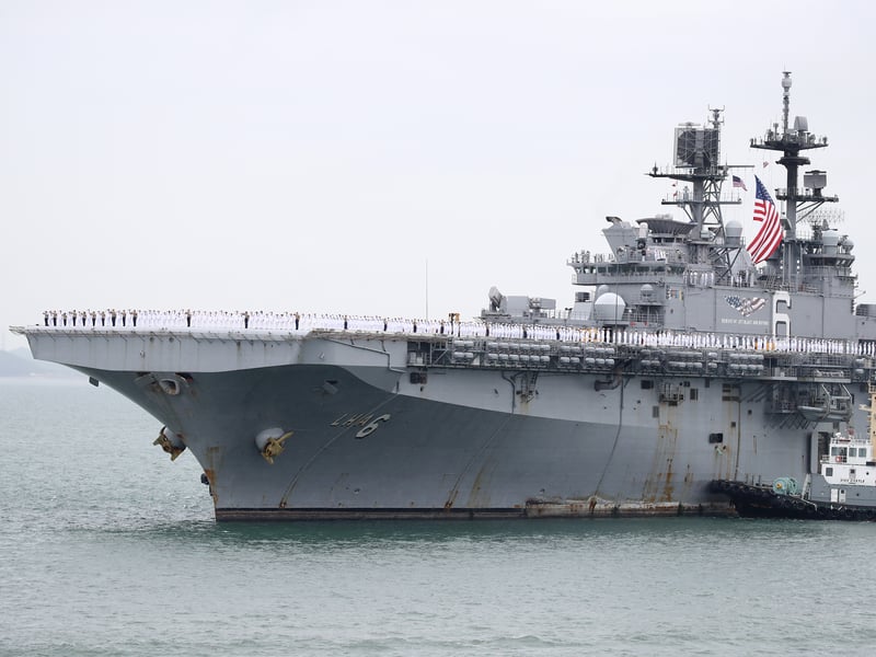 The US Navy currently has two America-class amphibious assault ships under its disposal, with three more in the pipeline. Current examples are USS America (pictured) and USS Tripoli. They are 257m long and weigh 45,693 tonnes when fully loaded.
