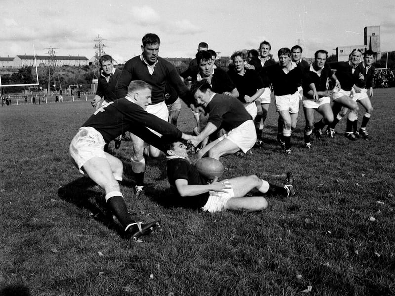 Action from a Gala v Hawick rugby match in 1960.