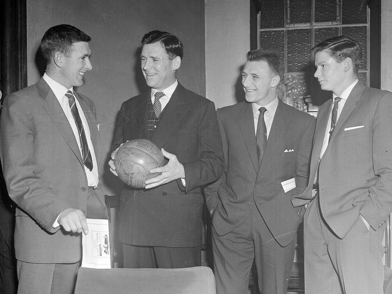 Tottenham Hotspur legend Danny Blanchflower, Hibs player John Paterson and Arsenal player Tommy Docherty at a Hibs supporters rally in the Usher Hall in 1960.