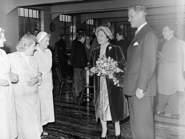 The Queen Mother in Edinburgh visiting the North British Rubber Company in November 1960 