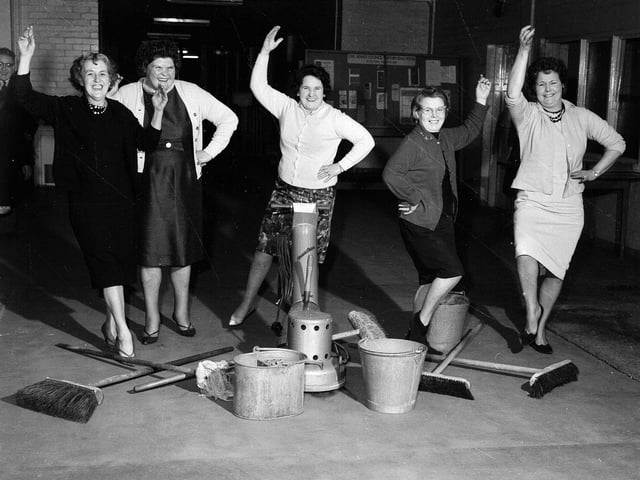Office cleaners from government offices in Edinburgh do a Highland Fling as they celebrate a Union Social meeting in 1960.