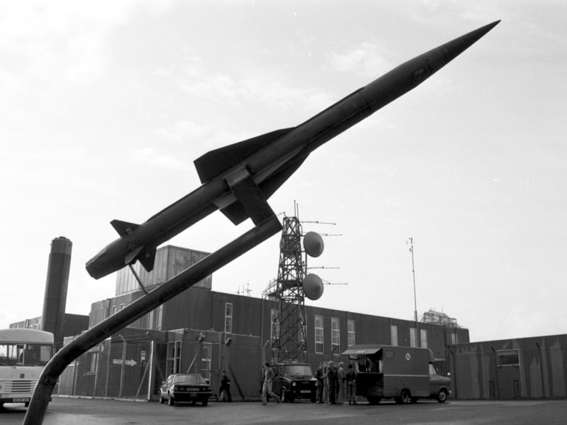 Model of a rocket at NATO's Benbecula defence base on Stornoway, Scotland, in November 1980