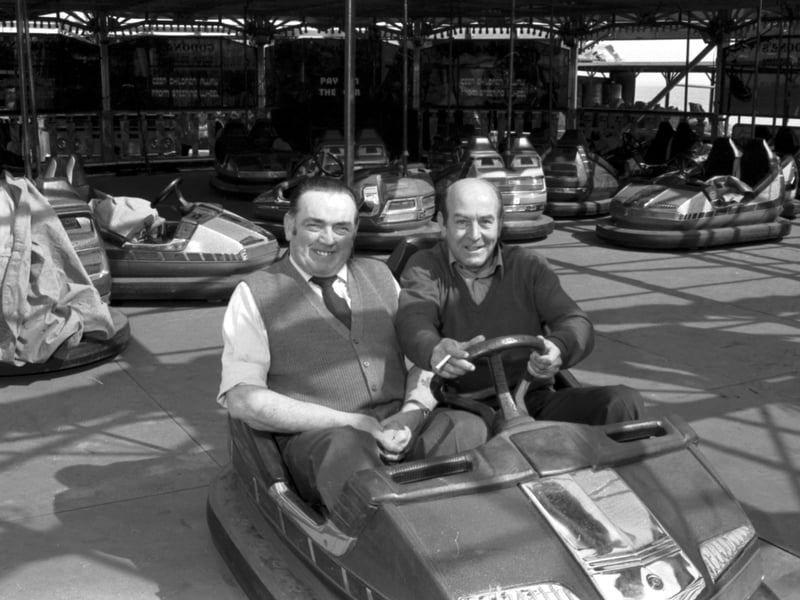 Regulars at the Links Fair in Kirkcaldy, John Codona and Paddy Higgins, with their dodgem ride, in April 1984