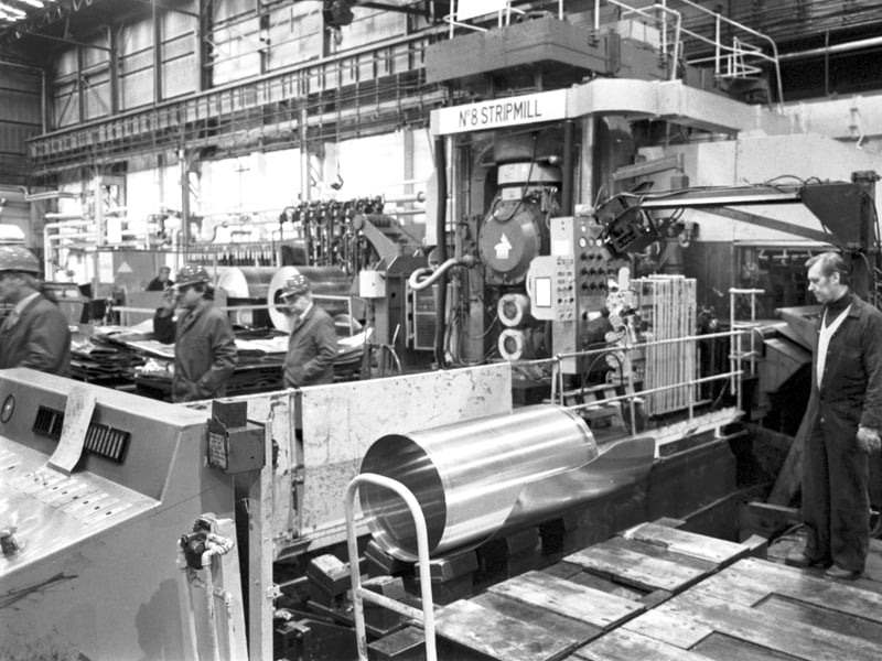 Men working in the British Alcan aluminium coil and sheet factory in Falkirk, in March 1985