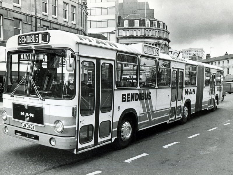 A Bendibus heads through Sheffield in 1981