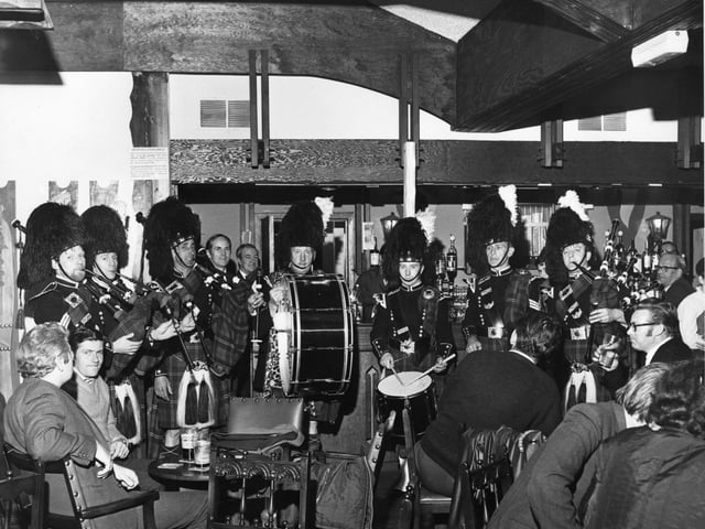 The Cumbernauld Pipe Band at the Olde Worlde Inn in 1970.