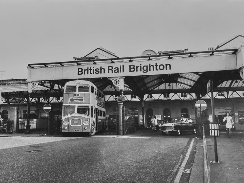 A bus outside Brighton Railway Station in September 1973