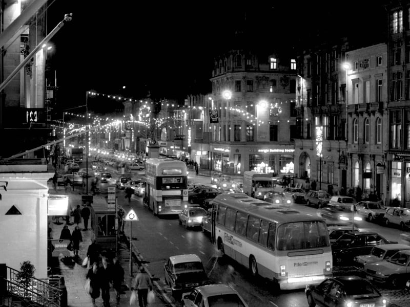 Christmas lights and other decorations strung across George Street, Edinburgh, in December 1986