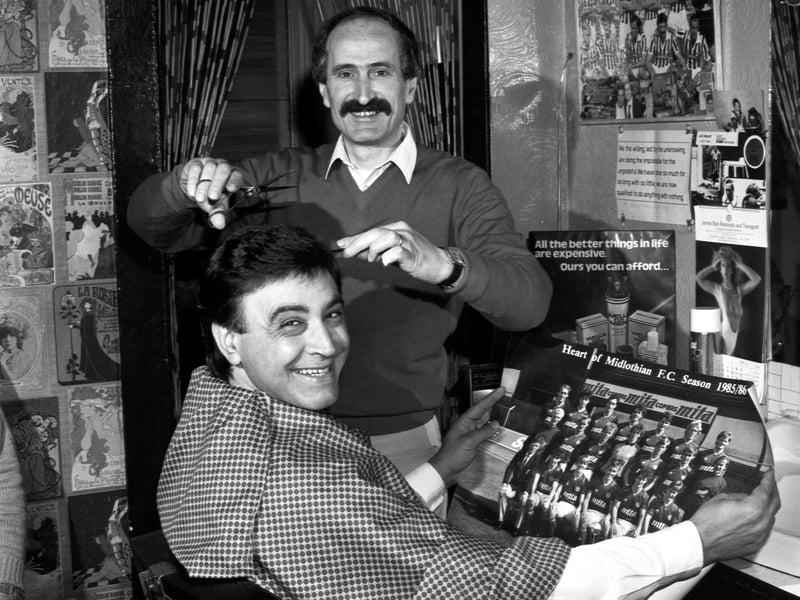 Hairdressers Sam Rizzo and Alfonso Russo in their salon Sam's, on Gorgie Road, in 1986