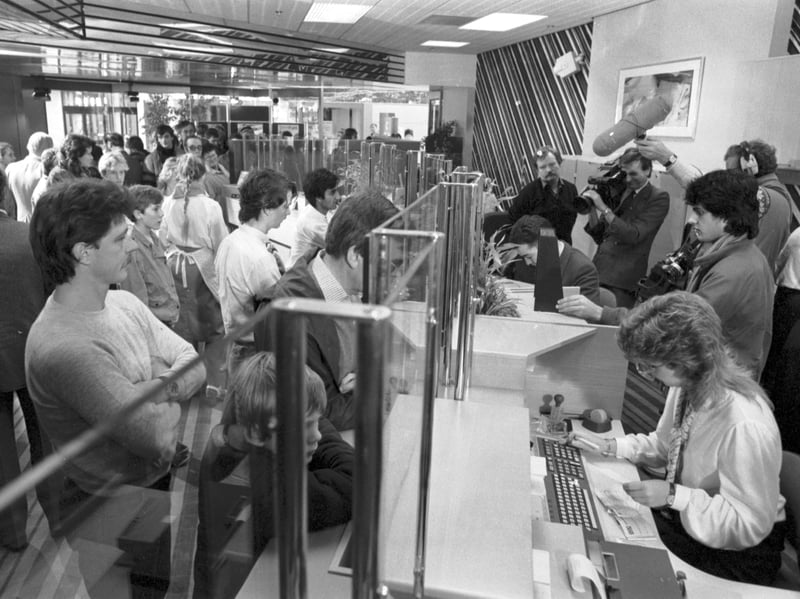Television cameras in the TSB bank at Cameron Toll on October 7, 1984, as it became the first British bank to open on a Sunday