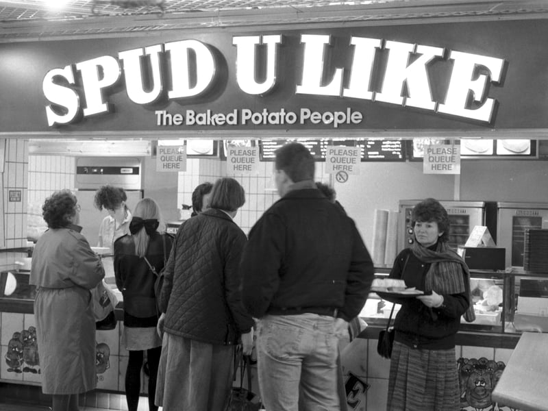 The Spud U Like baked potato shop at Waverley Market,  Princes Street, Edinburgh, in March 1989