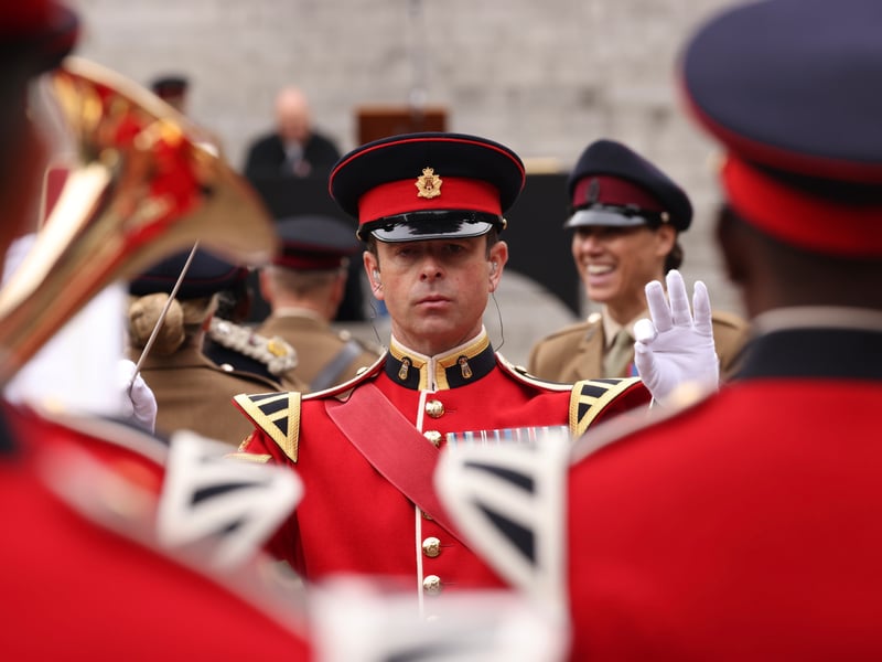 Royal Marines Band prepares to play as the Joint Hospital Group South is being inspected while on parade outside Guildhall.