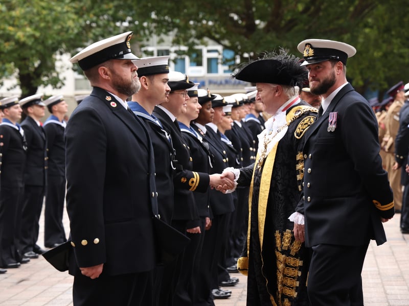 Lord Mayor Gerald Vernon-Jackson of Portsmouth meeting Royal Navy members of Joint Hospital Group South on parade.