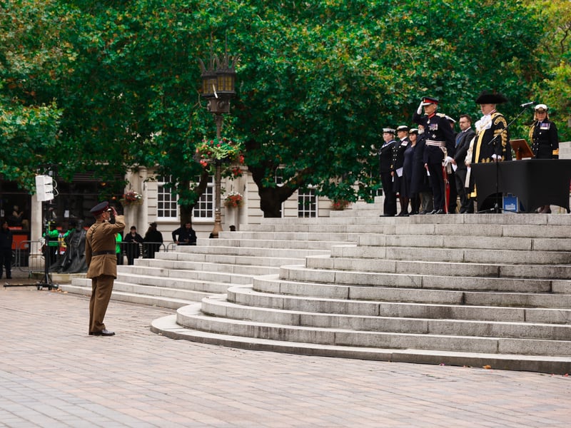 Joint Hospital Group South RMS saluting Lord Mayor Of Portsmouth and VIPS at the end of the Parade on the steps of Guildhall.